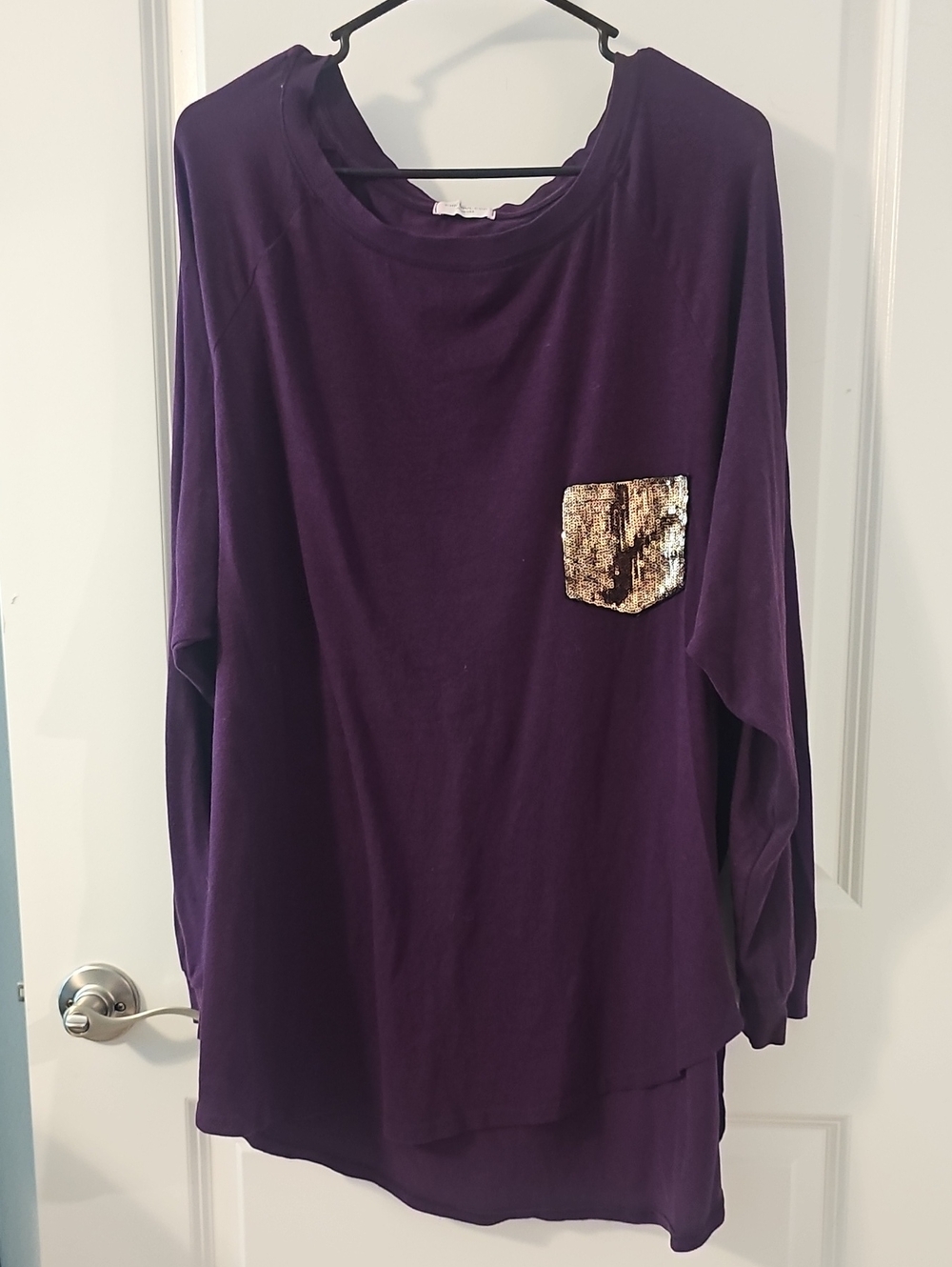Chic Soul Purple Long Sleeve Top with Gold Sequin Pocket